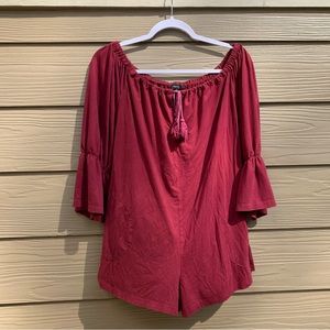 Cold Shoulder Romper Balloon Bell Sleeve Off Shoulder Maroon Velvety Fall Autumn